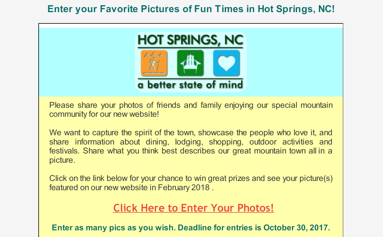 Hot Springs NC Photo Contest Announcement Newsletter 2017 Hot Springs